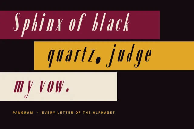 Velvet Paradox pangram Sphinx of black quartz, judge my vow on burgundy, mustard and cream strips