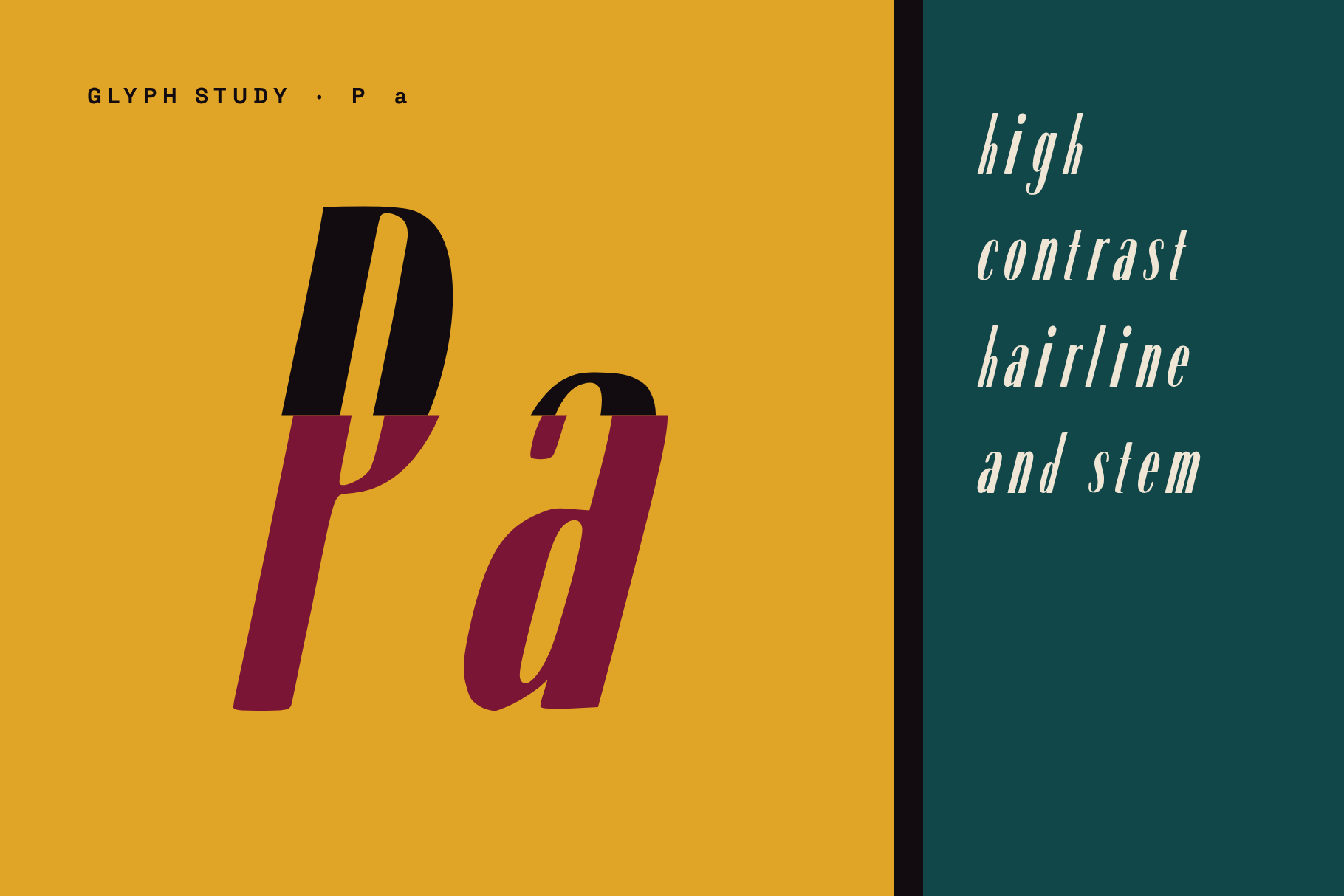 Velvet Paradox glyph study of P and a in black and burgundy with notes on high contrast hairline and stem