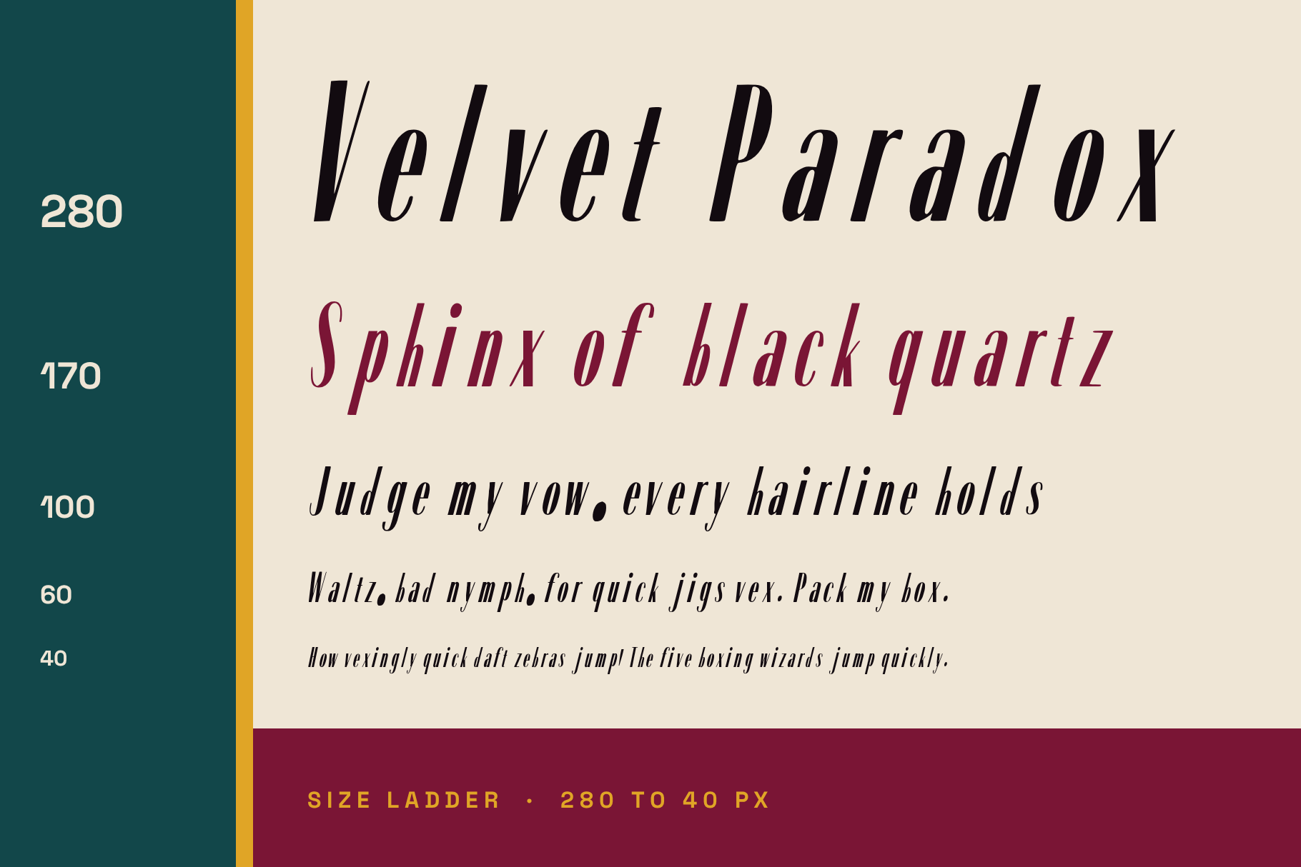 Velvet Paradox size ladder from 280 px to 40 px with pangram lines on cream between teal and burgundy bars