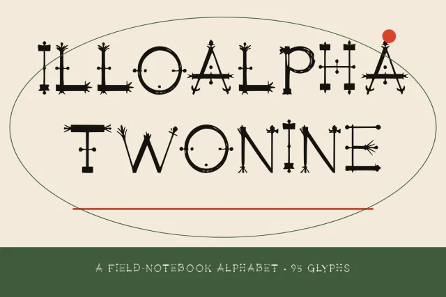 Illoalphatwonine cover card with the font name in sprouting capitals inside an oval on cream paper