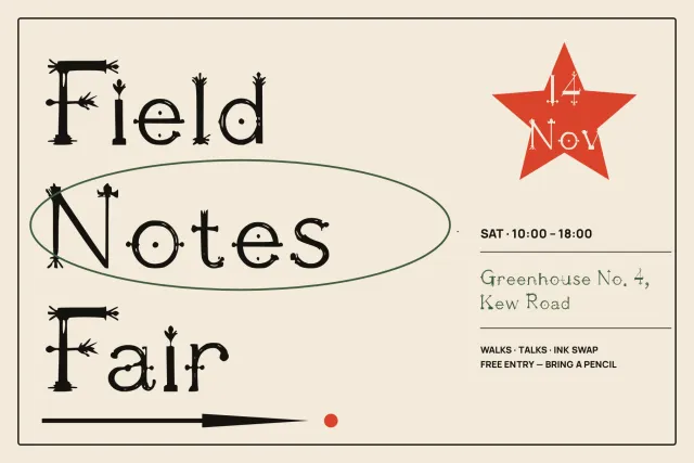 Illoalphatwonine poster for a Field Notes Fair with a red star date badge and event details