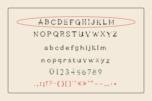 Illoalphatwonine character set with uppercase, lowercase, green figures and red punctuation
