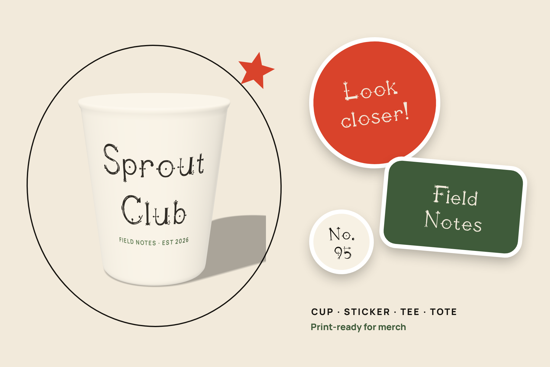 Illoalphatwonine merch mockup with a Sprout Club paper cup and round and square stickers