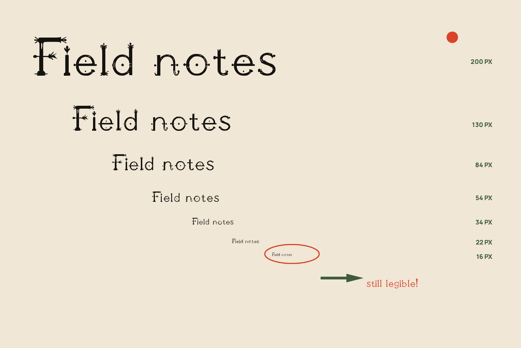 Illoalphatwonine size ladder setting the words Field notes from 200 px down to 16 px