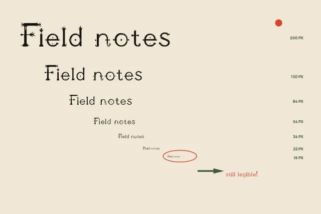Illoalphatwonine size ladder setting the words Field notes from 200 px down to 16 px