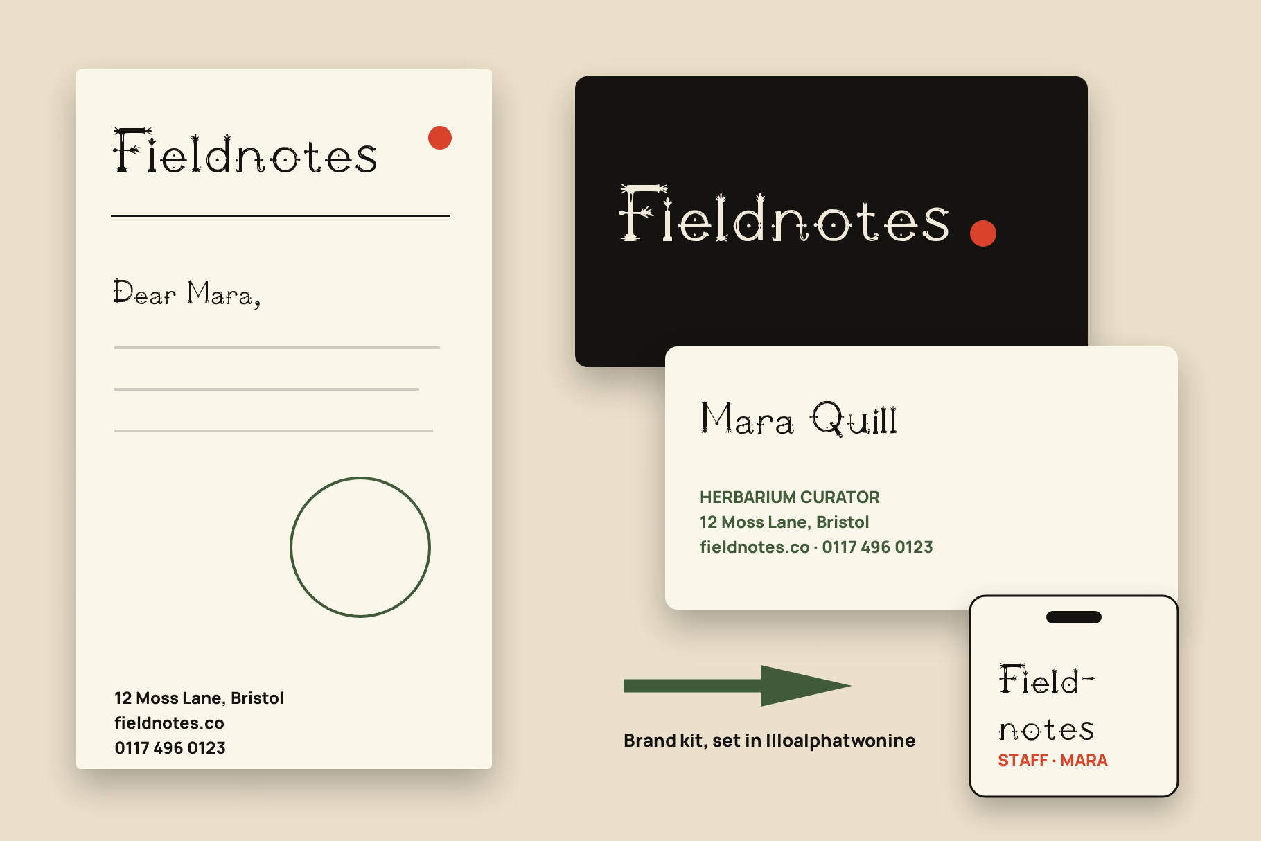 Illoalphatwonine brand kit with a Fieldnotes letterhead, two business cards and a staff badge