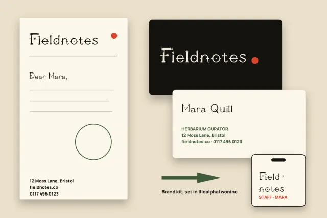 Illoalphatwonine brand kit with a Fieldnotes letterhead, two business cards and a staff badge
