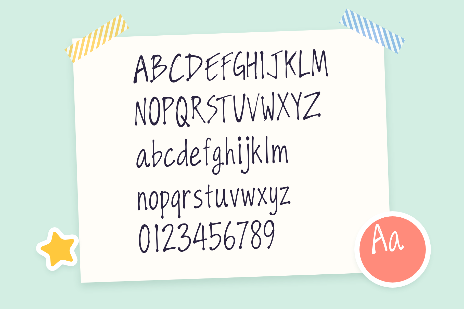 The Wall font alphabet sheet: capitals, lowercase and digits 0 to 9 on taped paper with a star sticker