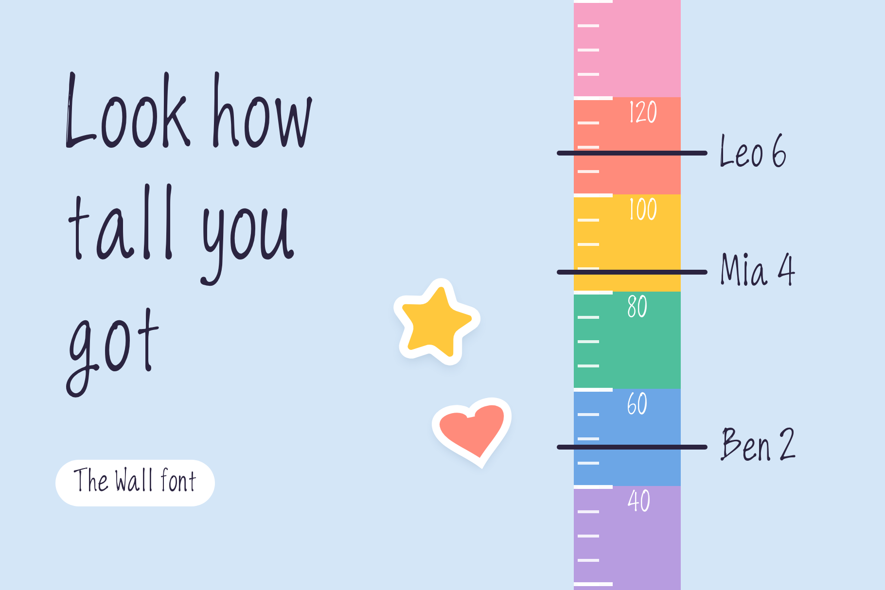 The Wall font on a rainbow growth chart with "Look how tall you got" and kids' names at height marks