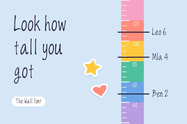 The Wall font on a rainbow growth chart with "Look how tall you got" and kids' names at height marks
