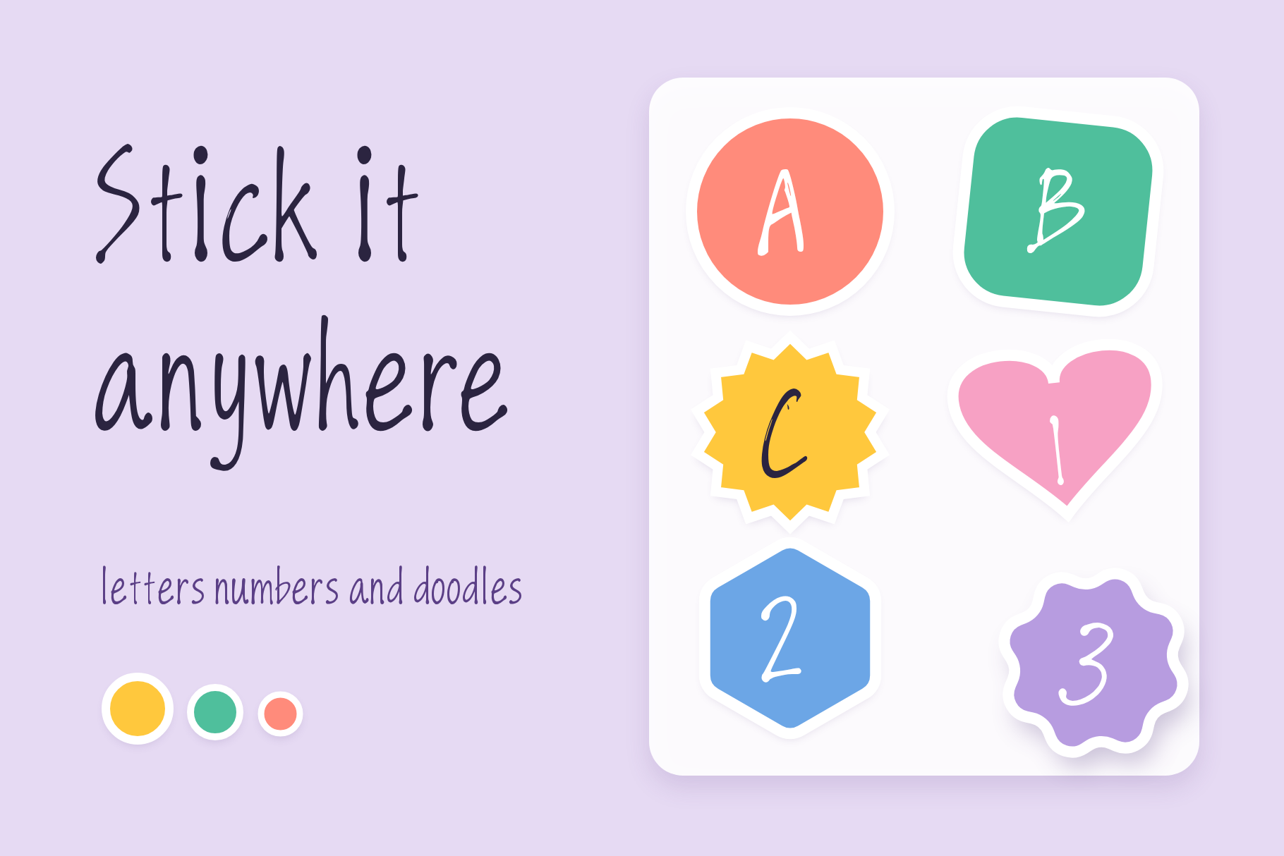 The Wall font sticker sheet with letters A B C and numbers 1 2 3 on round, heart and badge shapes