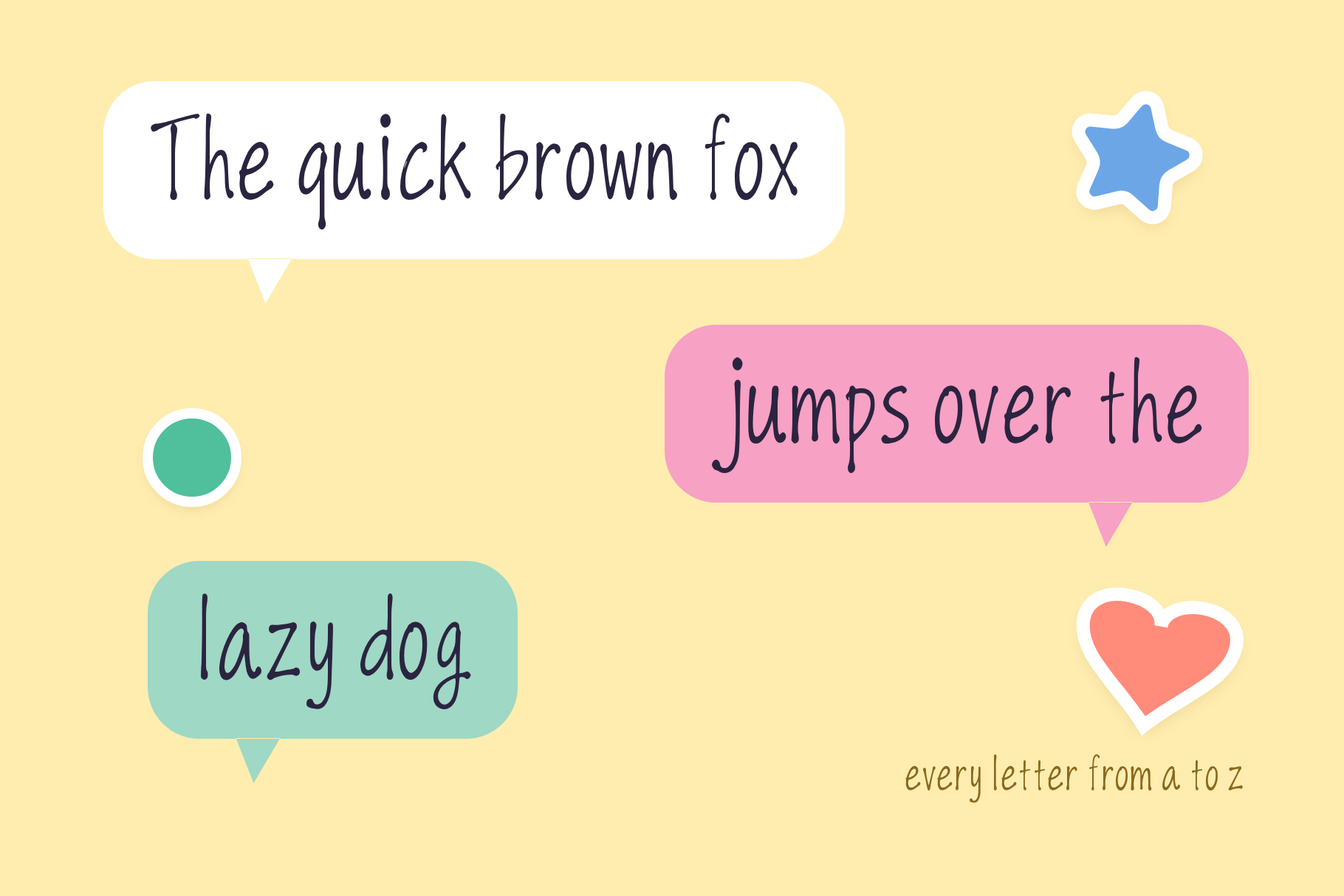 The Wall font pangram split across white, pink and mint speech bubbles on a yellow background