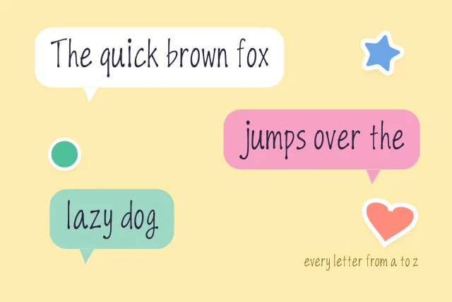 The Wall font pangram split across white, pink and mint speech bubbles on a yellow background