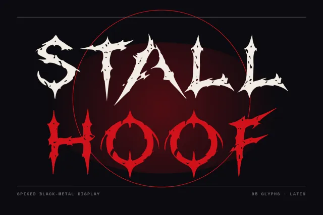 Stallhoof font cover with the name split in white and red thorned letters over a dark red circle glow