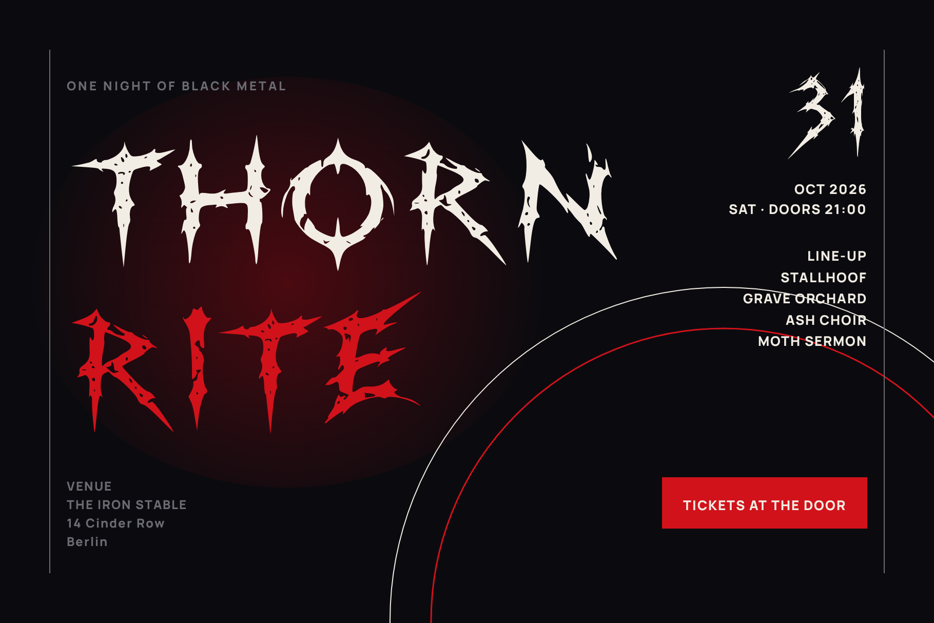 Stallhoof font on a black metal gig poster reading Thorn Rite, with date 31, line-up and red ticket button