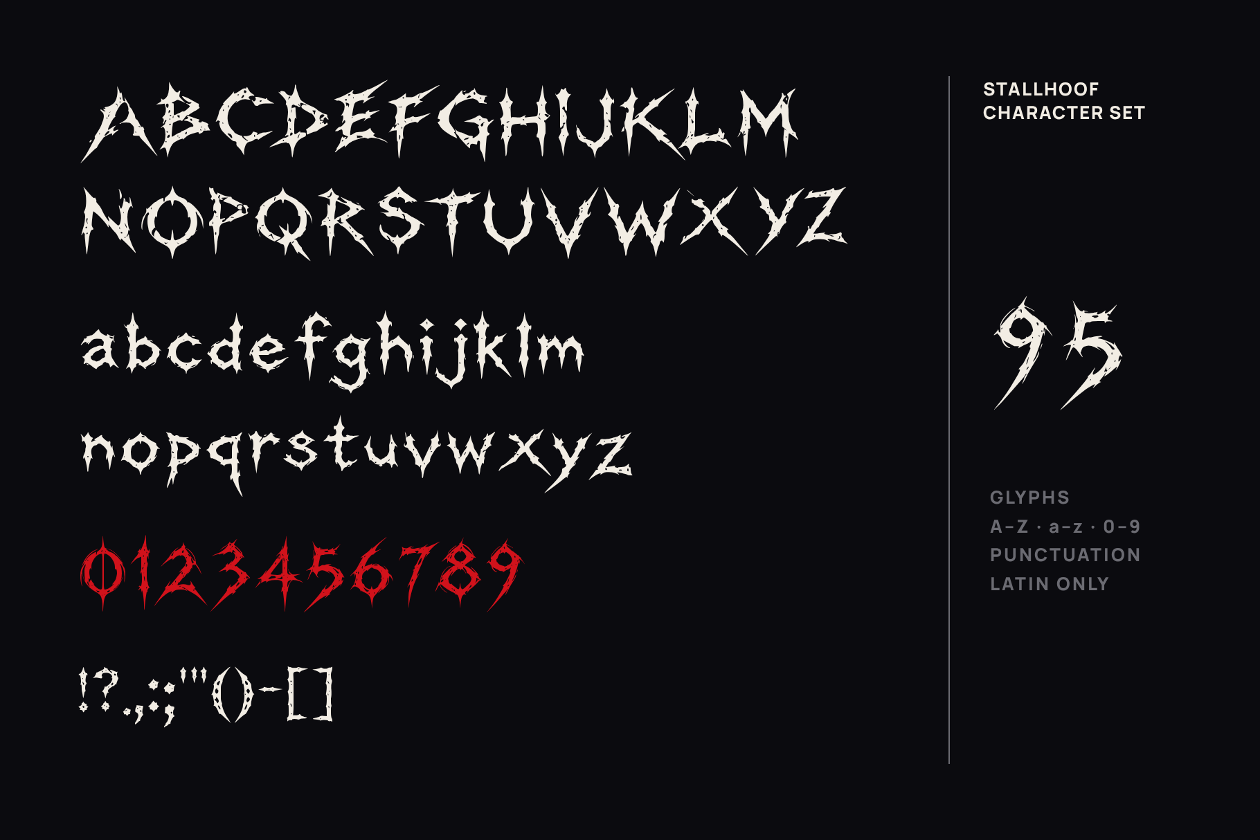 Stallhoof font character set: thorned capitals, lowercase, red figures 0 to 9 and punctuation on black