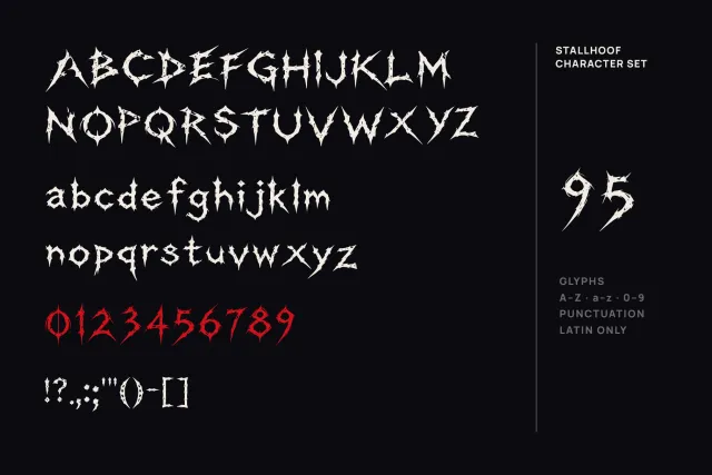 Stallhoof font character set: thorned capitals, lowercase, red figures 0 to 9 and punctuation on black