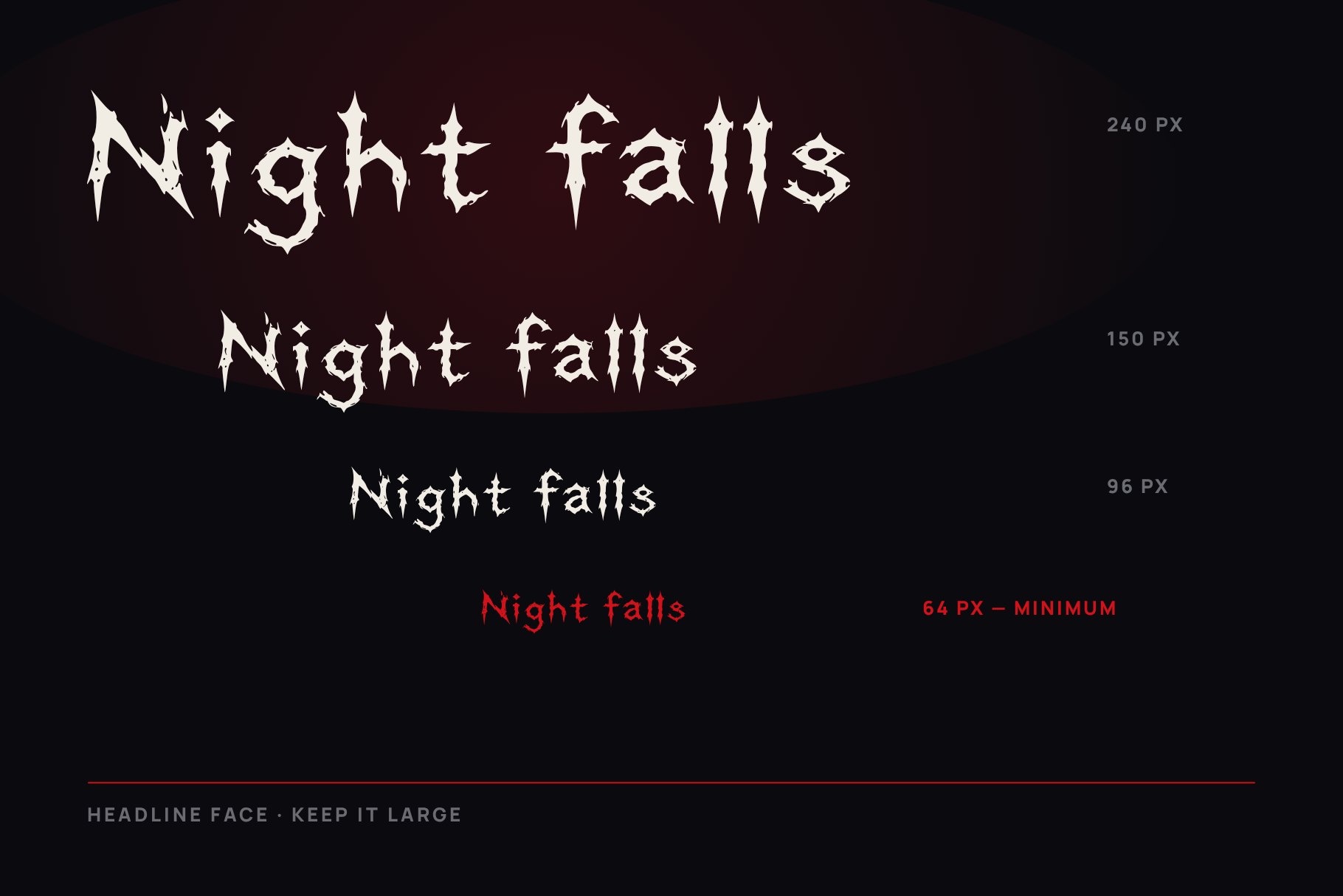 Stallhoof font size ladder with Night falls set at 240, 150, 96 and 64 px on a dark red background