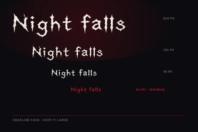 Stallhoof font size ladder with Night falls set at 240, 150, 96 and 64 px on a dark red background