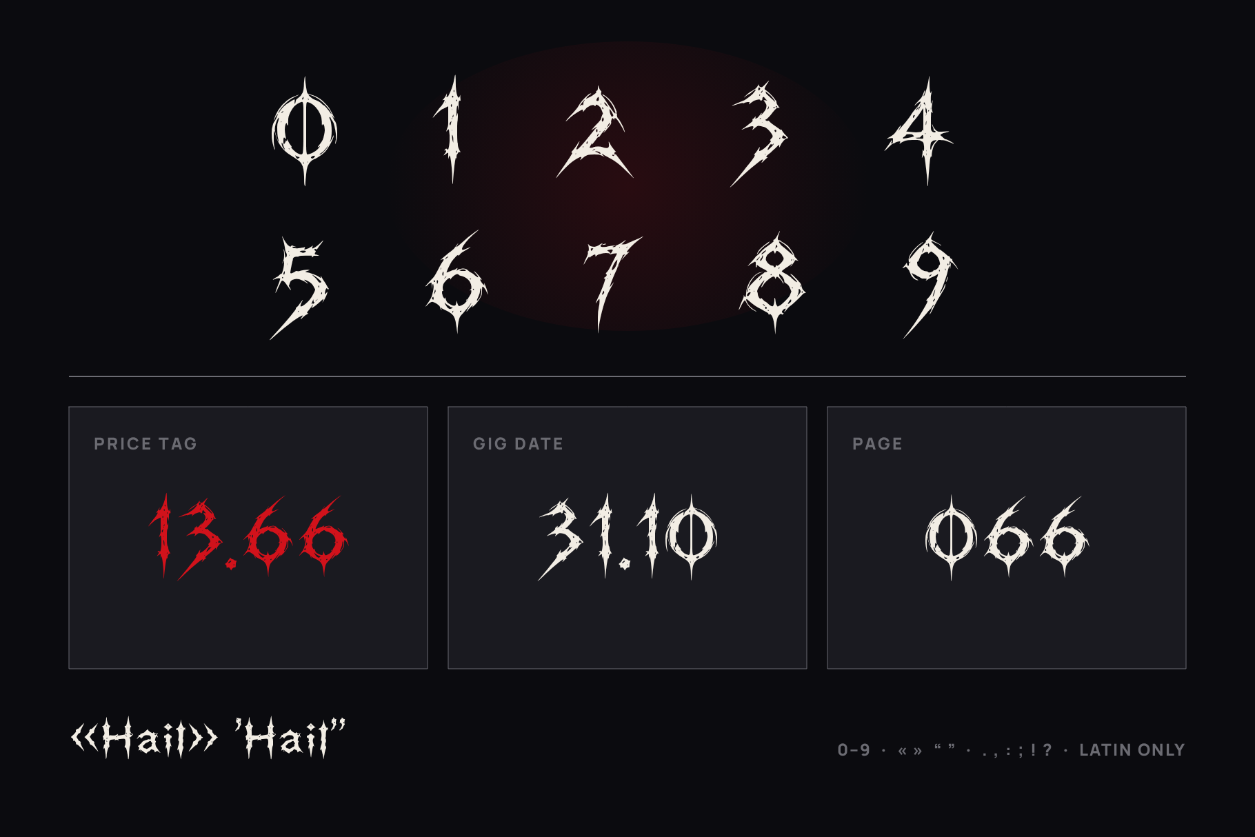 Stallhoof font figures 0 to 9 with price tag, gig date and page number samples and a quoted Hail