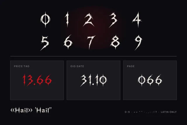 Stallhoof font figures 0 to 9 with price tag, gig date and page number samples and a quoted Hail