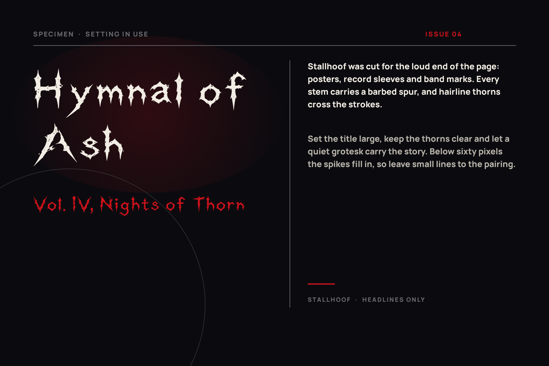 Stallhoof font specimen titled Hymnal of Ash with a red subtitle Nights of Thorn and a short text column