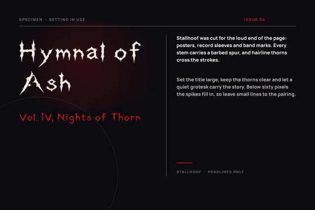Stallhoof font specimen titled Hymnal of Ash with a red subtitle Nights of Thorn and a short text column