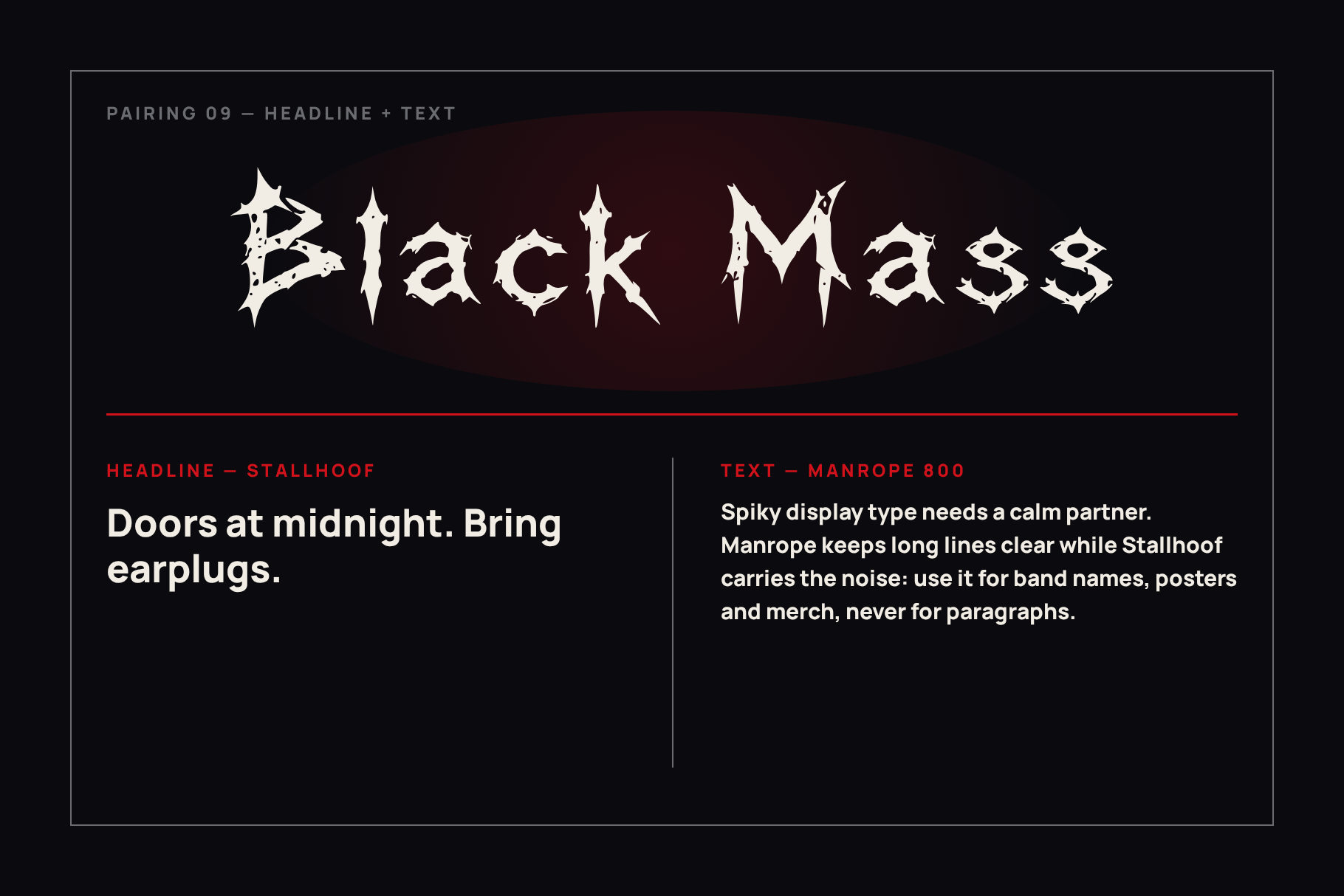 Stallhoof font pairing card with a Black Mass headline in thorned letters above a plain sans text block