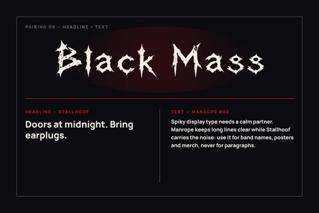 Stallhoof font pairing card with a Black Mass headline in thorned letters above a plain sans text block