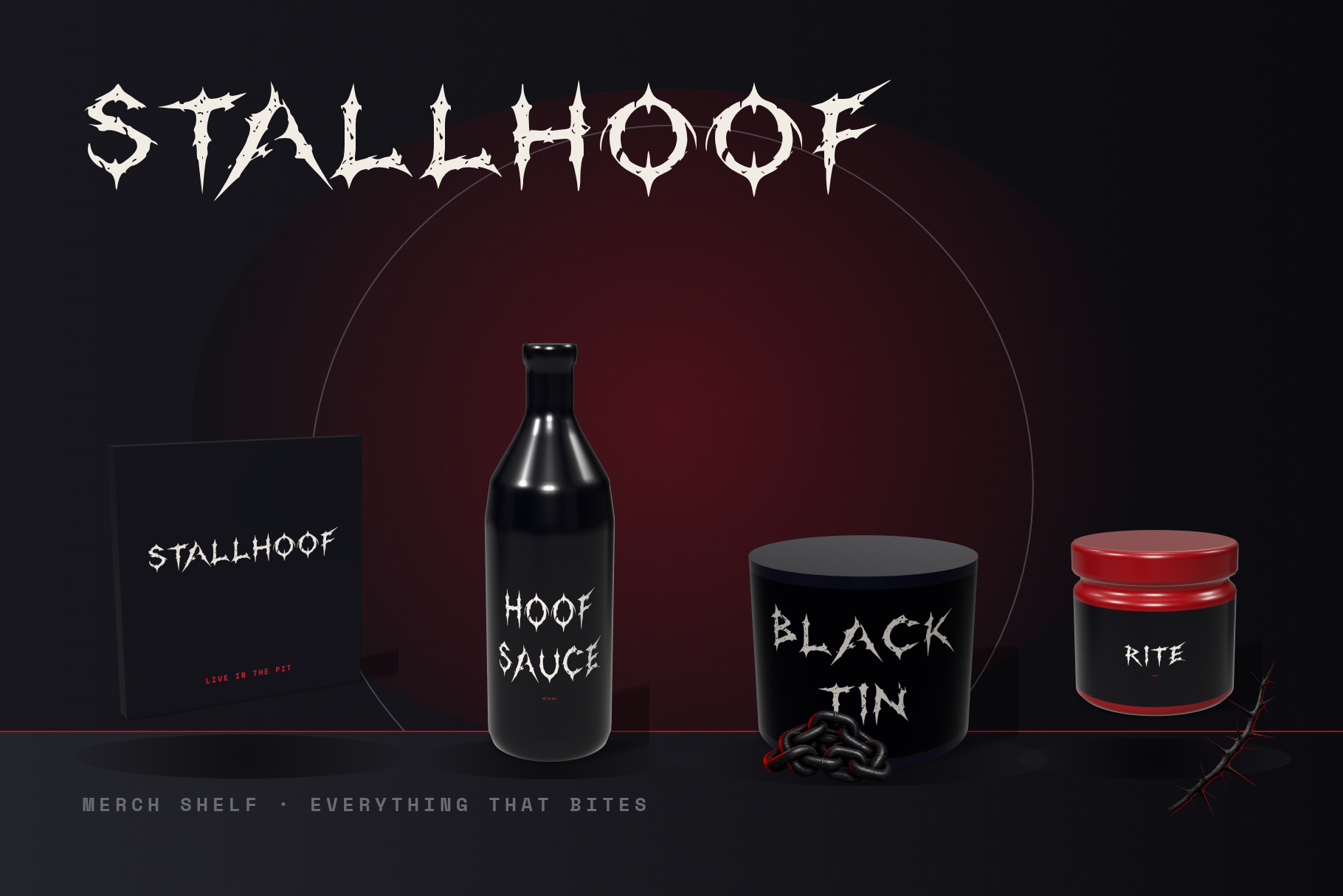 Stallhoof font on a merch shelf: record sleeve, Hoof Sauce bottle, Black Tin can and a red-lidded Rite jar