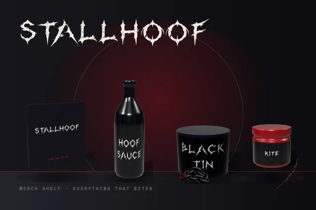 Stallhoof font on a merch shelf: record sleeve, Hoof Sauce bottle, Black Tin can and a red-lidded Rite jar
