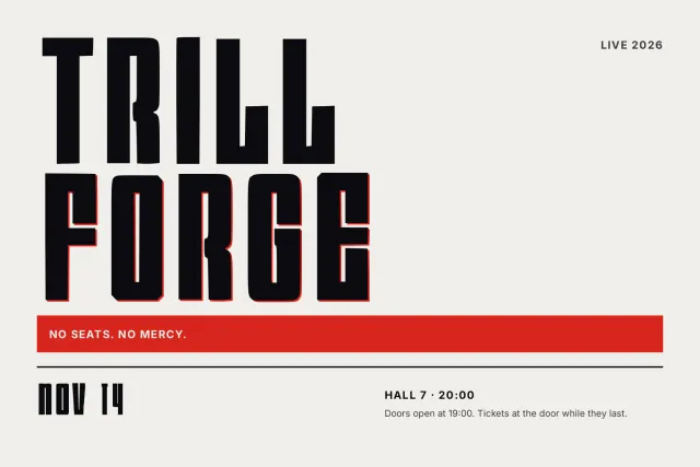 Trillforge font poster mock-up: stacked capitals, event details and a red banner reading NO SEATS. NO MERCY.