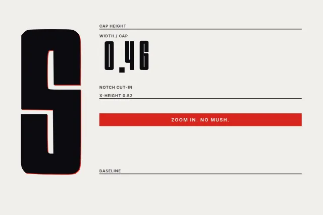 Trillforge large S glyph with cap height, width and x-height values labelled in a spec layout