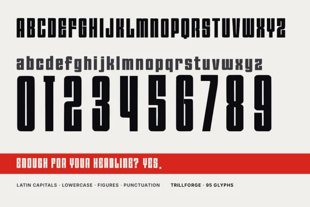 Trillforge character set card: capitals, lowercase, figures and punctuation in rows under a red headline line