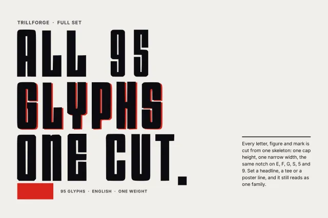 Trillforge full set specimen: stacked condensed capitals reading GLYPHS ONE CUT beside a note on the shared skeleton