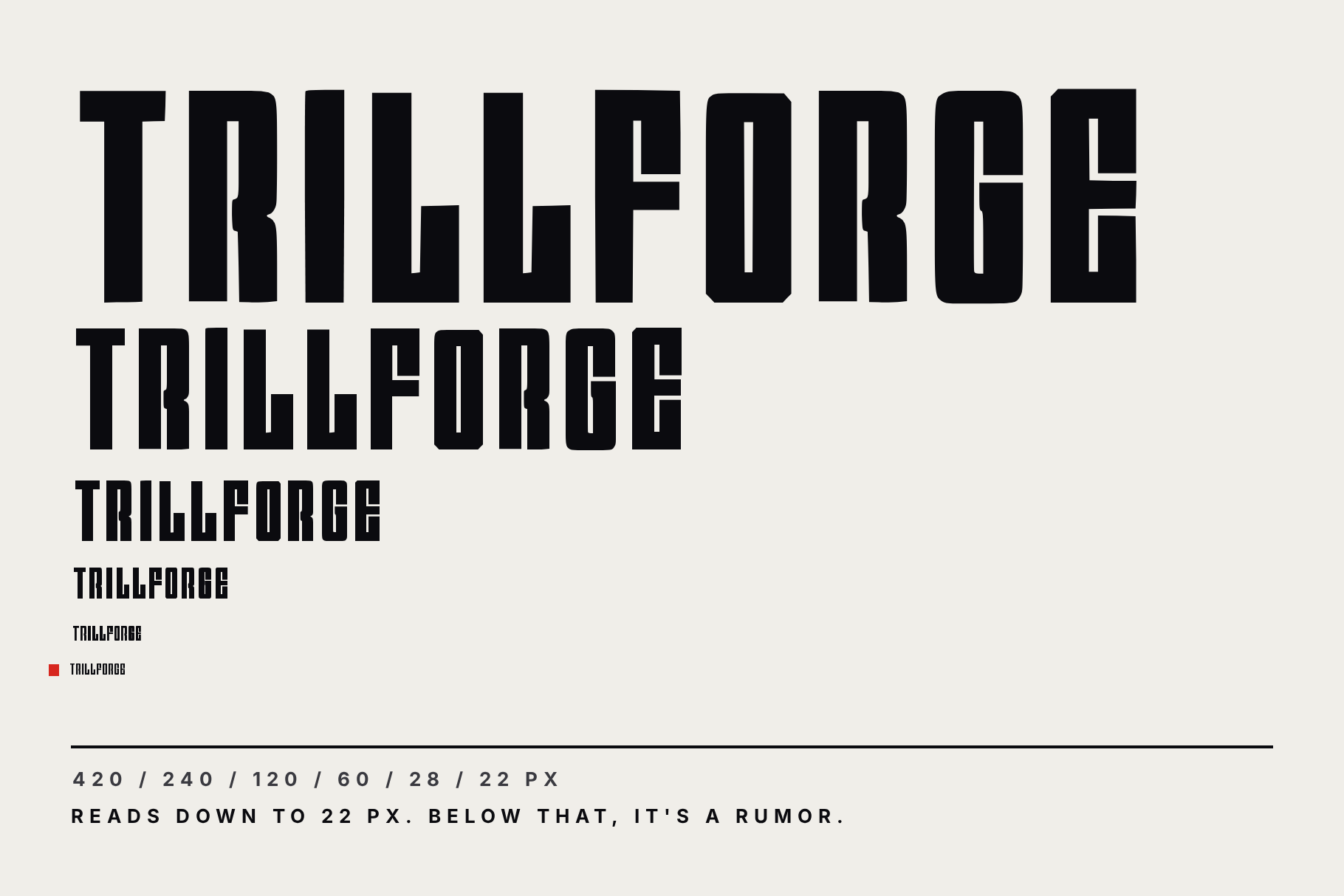 Trillforge size ladder from large capitals down to a 22 px line, showing how the caps hold at each step