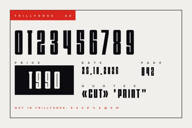 Trillforge numerals and signs card: figures 0 to 9 in condensed caps with price, date and page labels