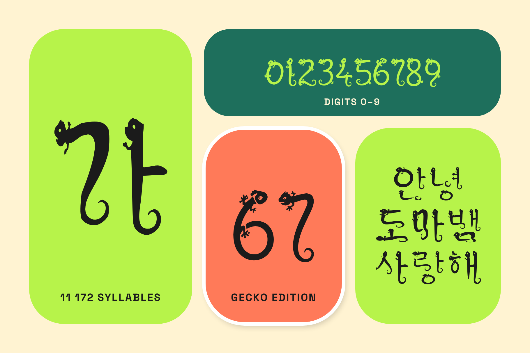Mabem Gecko font character set showing all 50 Hangul glyphs