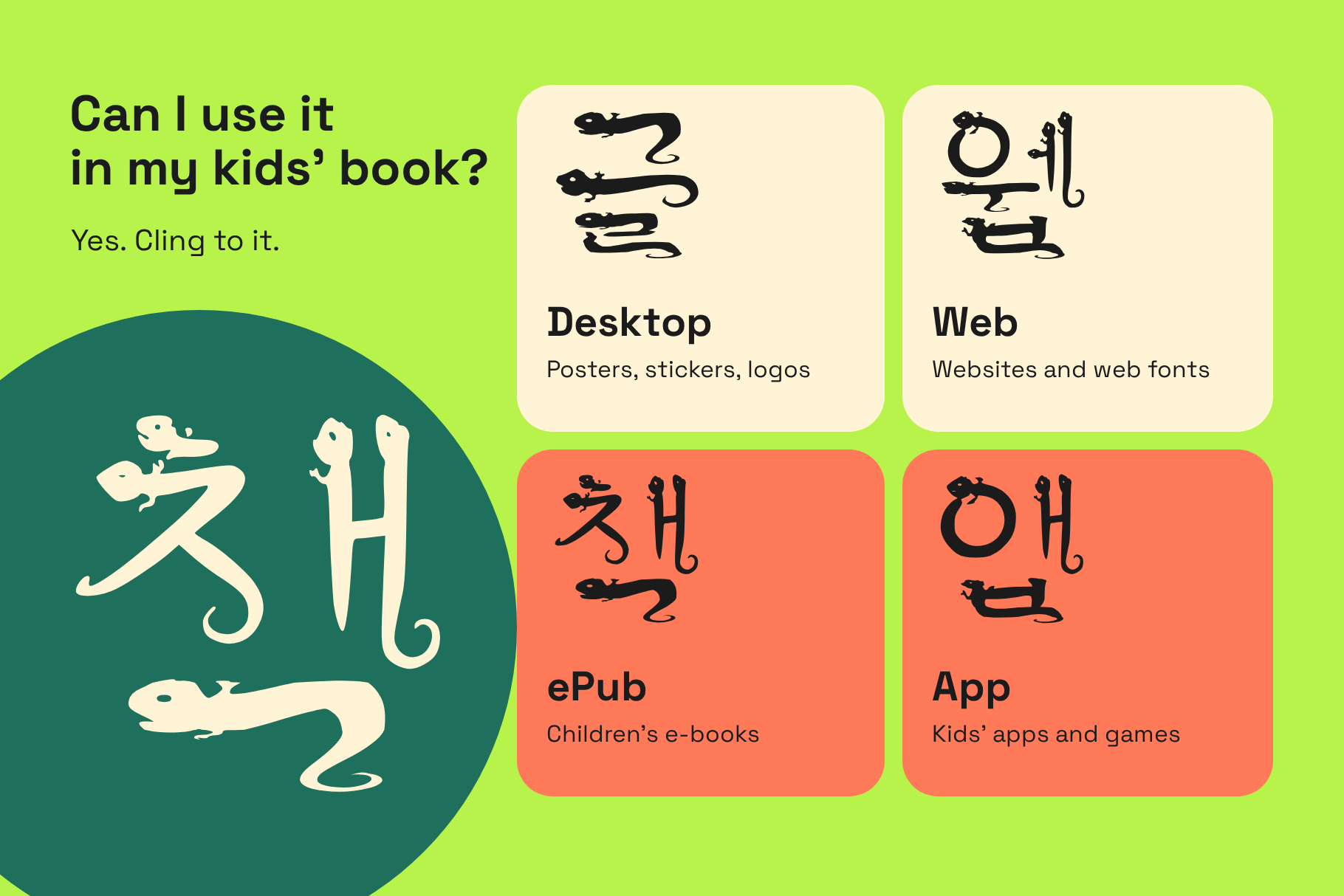 Mabem Gecko font license card: Desktop, Web, ePub and App