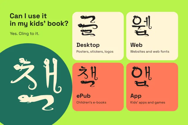 Mabem Gecko font license card: Desktop, Web, ePub and App