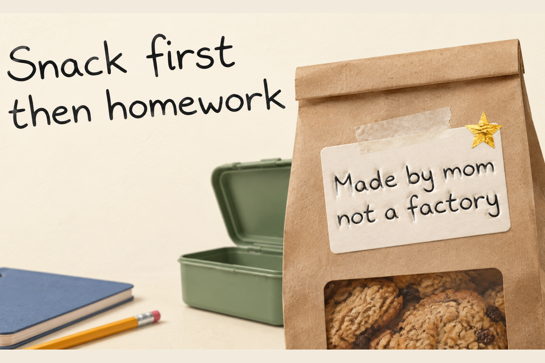 Kraft cookie bag mockup with a label "Made by mom not a factory" handwritten in Lunchbox Note, green lunchbox behind
