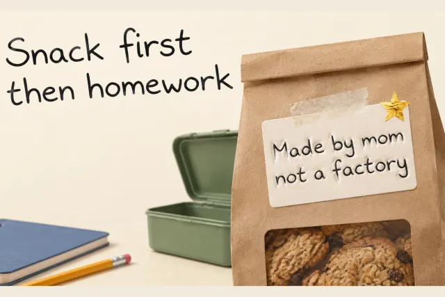 Kraft cookie bag mockup with a label "Made by mom not a factory" handwritten in Lunchbox Note, green lunchbox behind