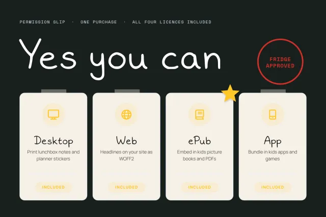 Lunchbox Note licence options compared: Desktop, Web, ePub and App cards under the headline "Yes you can"
