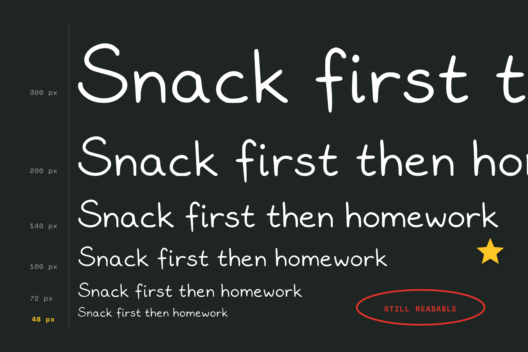 Lunchbox Note size ladder from 300 px down to 48 px, the line "Snack first then homework" in white on a dark board