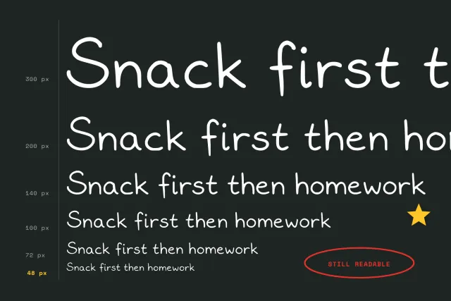 Lunchbox Note size ladder from 300 px down to 48 px, the line "Snack first then homework" in white on a dark board