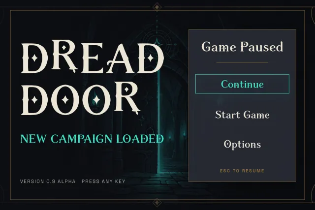 Stall Rune font used as game interface lettering on a title screen with menu buttons