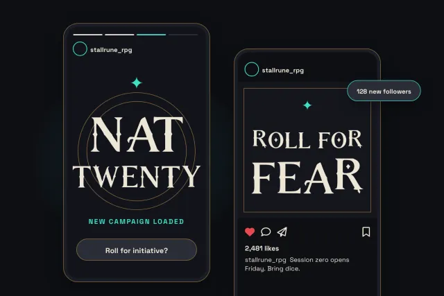 Stall Rune font in social media post mockups with astrology and market headlines