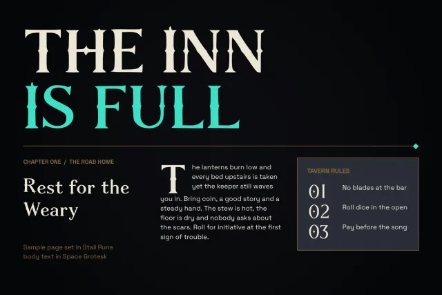 Stall Rune type specimen with a sample line and sizes of the regular style