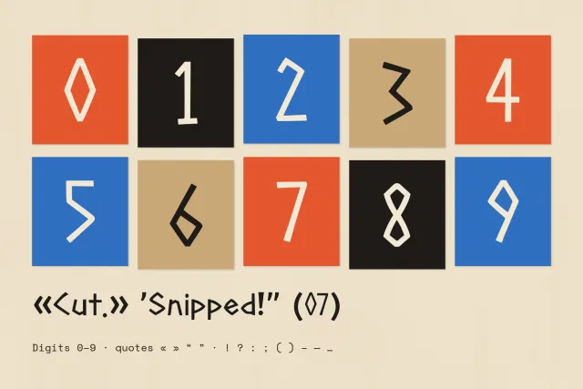 Mire Reed numerals and punctuation marks shown large