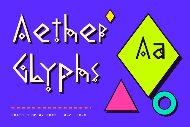 Aether Glyphs cover in angular cream rune-style letters on violet with a lime diamond showing Aa